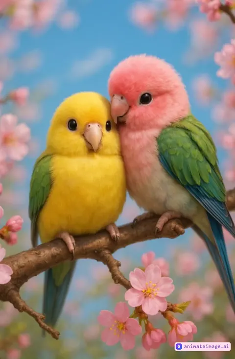 A soft and heartwarming springtime animation showing two adorable lovebirds perched closely on a blooming cherry blossom branch. One bird is bright yellow with green wings, and the other has a rosy-pink face and blue-green feathers. They gently cuddle, blink slowly, and tilt their heads toward each other with curiosity. Cherry blossoms sway lightly in the breeze, petals occasionally falling around them. The sky in the background is soft blue with dreamy bokeh effects. The camera slowly pans or zooms in, emphasizing their cuteness and bond. Warm lighting, subtle natural bird sounds, and a peaceful, romantic mood.