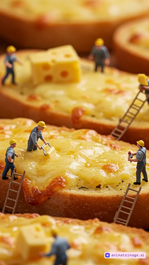 Close-up view of freshly baked garlic bread slices topped with gooey, golden melted cheese. The camera is focused tightly on the surface, showing the crispy texture of the bread and the rich, stretchy cheese in vivid detail. Tiny, highly detailed miniature workers are scattered across the garlic bread — wearing construction hats and chef aprons. One is using a paint roller to spread garlic butter, another is torching the cheese for extra melt, while others carry tiny cheese blocks or climb spaghetti ladders. The scene is whimsical, hyper-realistic, and full of life, with warm lighting emphasizing every texture and worker action.