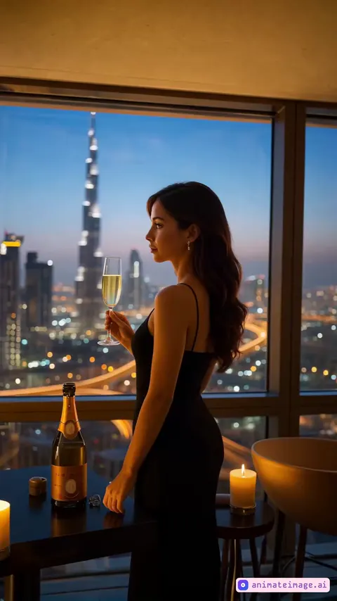 A cinematic video scene of a woman standing at a floor-to-ceiling window in a luxurious rooftop bar at night, holding a champagne flute with golden sparkling champagne. She faces the window, admiring a clear, sharply detailed view of Burj Khalifa and the illuminated Dubai skyline. The camera remains mostly static or with very slow ambient movement, such as a slight breathing effect or soft push-in. The scene is warmly lit inside the lounge, casting a subtle glow on her silhouette. The lights from the city shimmer slightly in the distance. Hair gently moves as if touched by a faint indoor breeze. Extremely realistic, minimal motion, elegant and atmospheric.