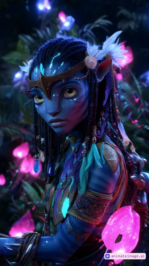animate {  stage:    environment: pandora dense forest_night, very tall trees with lianas,   background: glowing_plants + volumetric_fog + layered_depth,  subjects:    navi_female:      full_body: true, beautiful long body,     skin: blue_with_bioluminescent_lines,      costume: feathers_and_tatoos and amulettes (animated_physics=true),      expression: joy + wonder,      movement: calm_breathing,      hand: lifted, butterfly_landing,    magical luminescent butterfly:      glow: soft_pulse,      wings: semi_transparent + glowing_patterns,  camera:    move: _spiral_actively around_navi,    framing: full_body + scene_depth,    focus: from butterfly_to_face_to_full_scene,  lighting:    volumetric: godrays_through_high magical forest,    glow_sources: plants + butterfly,    rim_light: soft_blue,  fx:    atmospheric: layered_fog + light_particles,    reflections: in eyes and skin,    renderer: photoreal_film_grade,  mood: serene_magic + deep_connection, glowing particles in the air, towering magical forest, 
the camera rotates around the subject,Lighting Engine – Gazebo, Manuka renderer