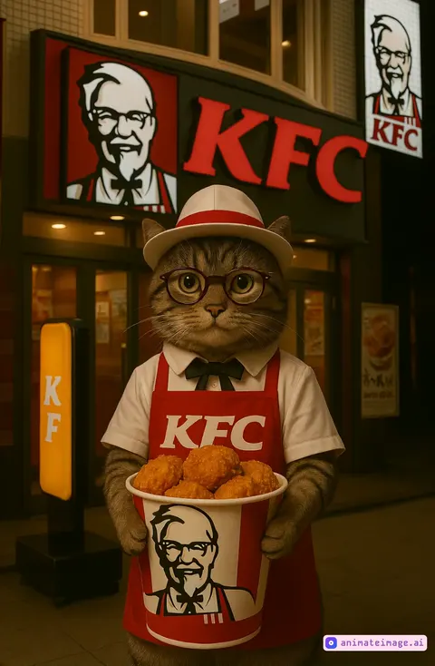 A tabby cat dressed as Colonel Sanders, wearing glasses, a white shirt, red apron, and a paper hat, walks confidently through the inside of a KFC restaurant at night. The cat is mid-stride, holding and eating a crispy chicken wing with delight. The warm lighting reflects off the polished floor, with menu boards glowing above and the kitchen visible in the background. The cat’s expression is serious but satisfied, as if it's inspecting the quality of the food. A bucket of chicken is tucked under one arm like a prized possession.