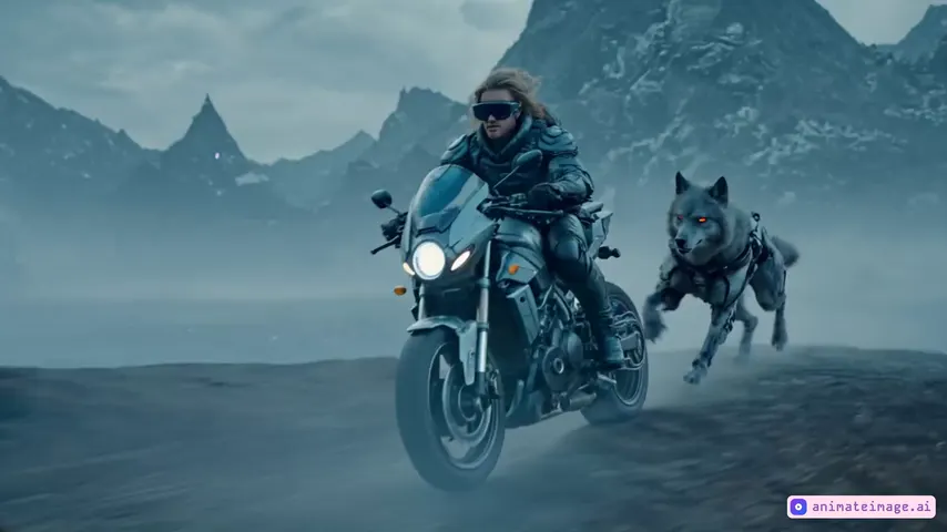 Rider on a futuristic motorcycle beside a wolf