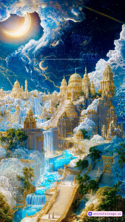3d view of majestic city palace. Camera tilts alowing view. People moving. Clouds moving. Realistic 4k. Shooting stars in sky