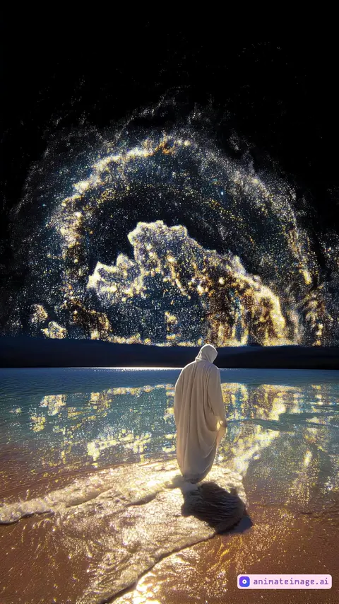 Man walking. Reflecting water. Vortex of stars rotating in sky. Background with spinning cosmic galaxies