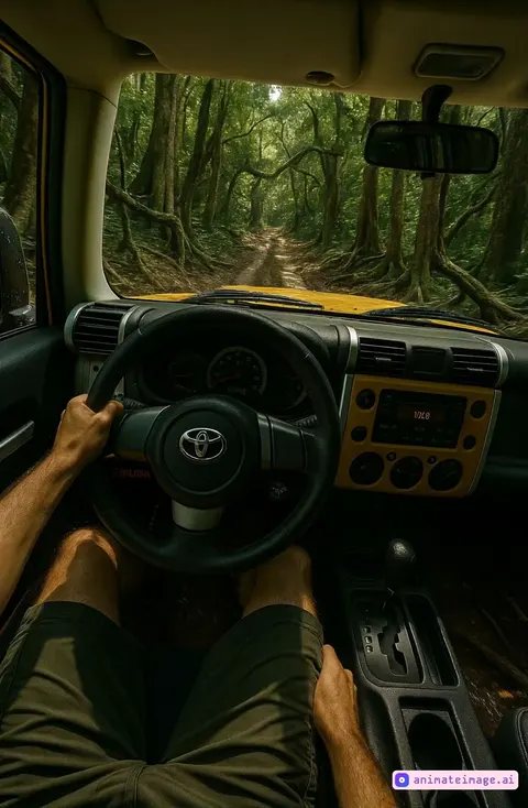 Create a realistic photo of A quick FJ cruiser ride from driver prospective through a dense jungle, weaving around thick tree trunks and vines as you race down a narrow dirt trail. Sunlight filters through the canopy above, casting shifting shadows on the path. The road is bumpy, with mud splashing as you speed ahead, always staying on the rough terrain and avoiding large roots and fallen branches.