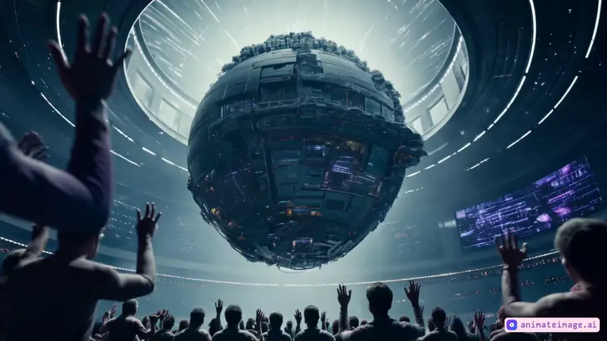 Huge shimmering sphere with people swaying below