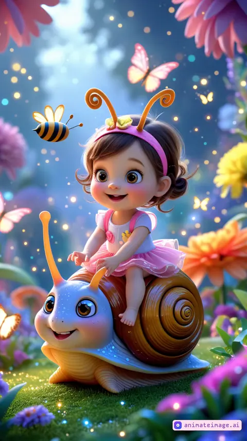 A joyful baby girl wearing a cute pink dress with antenna headband is riding on a giant smiling snail in a magical flower garden. The baby and the snail are both laughing and moving playfully. The baby wiggles happily, clapping and giggling, while the snail slowly glides forward with sparkles trailing behind. Butterflies flap their wings gently and dance around them. A cartoon bee buzzes nearby, circling joyfully. The colorful flowers in the background sway slowly in the wind, and the entire magical garden shimmers with floating particles and soft sunlight. Everything feels alive, fun, and full of wonder.