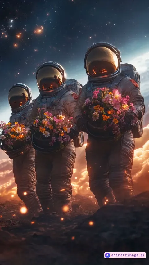 Astronauts with flower helmets on an alien planet