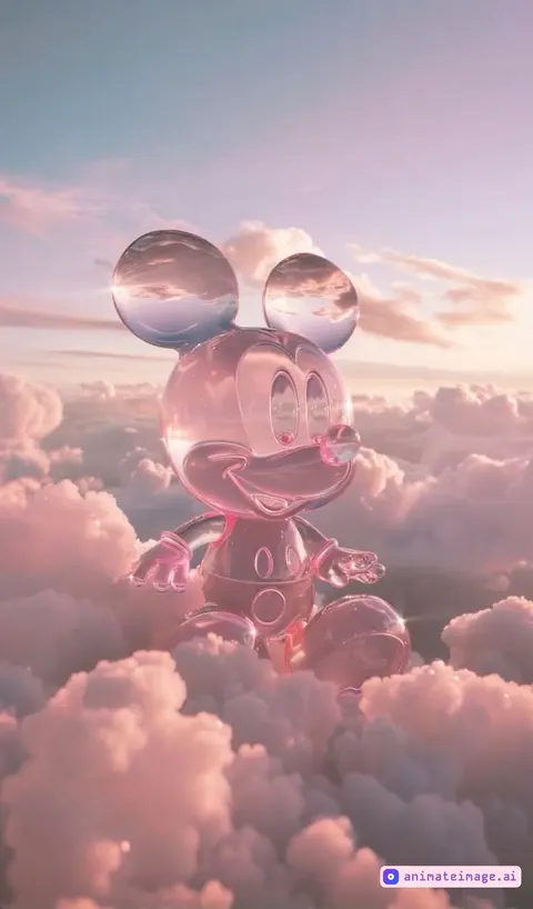 A shiny translucent cartoon character resembling a classic mouse, made of glass or jelly-like material, walking slowly on soft pink clouds at sunset. The clouds drift and swirl gently around the character, creating a dreamy and surreal atmosphere. The sky is painted in pastel colors, with golden sunlight filtering through the clouds. The camera follows the character from a cinematic angle, creating a magical, serene mood