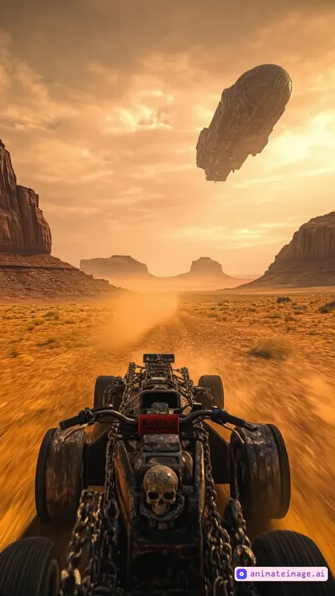 Futuristic post-apocalyptic scene, first-person view from a rider on a rugged quad bike or trike, decorated with biker-style accessories like chains, skull emblems, and flags. The camera shows rapid forward movement across a changing desert landscape—terrain shifts from cracked ground to glowing scrap zones and scattered wreckage. The handlebars vibrate with the rough ride, while dust, sand, and small debris hit the screen and fly past the rider. Vehicles ahead move unpredictably, weaving and bouncing on uneven paths. Sci-fi spaceships streak across the sky, some descending in the distance. Occasional electrical flashes or sparks light up the horizon. The sky darkens slightly as clouds roll in, casting shifting shadows. Photorealistic, cinematic lighting, evolving environment, intense motion blur, interactive particles, realistic reflections, dynamic depth. Designed to avoid looping by introducing variation and forward progression.