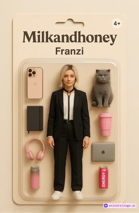 Animate the doll stepping out of the box in full main character energy. She grabs her iPhone, pauses and checks phone. Then she gives a cheekly wink to the camera, flicks her hair or smirks for sass and walks forward confidently in sneakers. The Spotlight follows her as she moves - make it feel like she's heading to a boardroom to close a 5-figure deal. Add shimmer on the box and keep the vibe sleek, cool and bossy. Instagram Reels format 10 seconds.