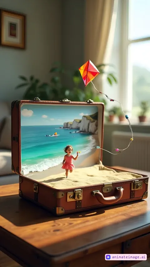 Inside an open vintage suitcase, a little girl in a red dress runs barefoot on sand, flying a colorful kite. Gentle ocean waves roll in the background. The kite floats up into the air. The scene feels magical and dreamlike, with warm sunlight coming through a nearby window