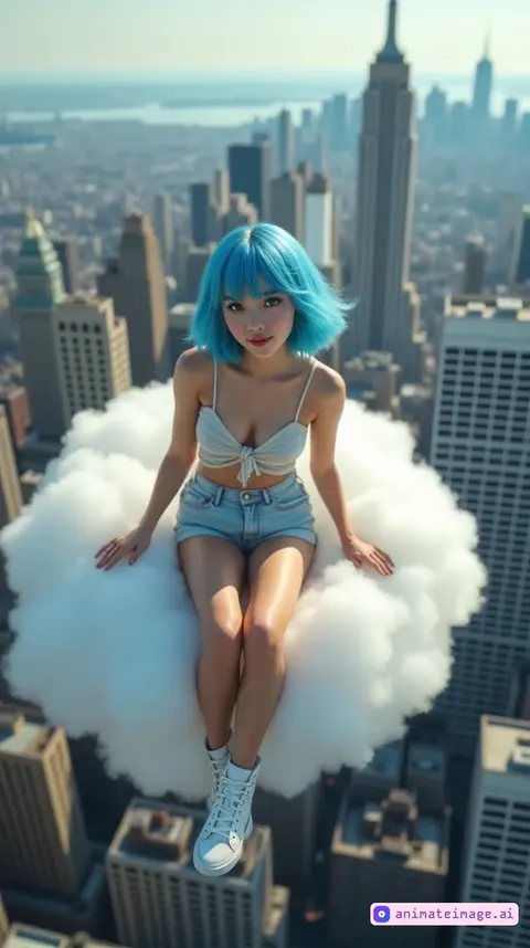 A woman soars through fluffy clouds at hyper speed, wind whipping her hair and clothes wildly as she weaves between towering skyscrapers, city lights pulsing rhythmically below, the camera follows her dynamic flight.