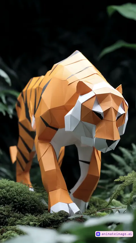 animation origami papercuts of a tiger walks quietly through the jungle.