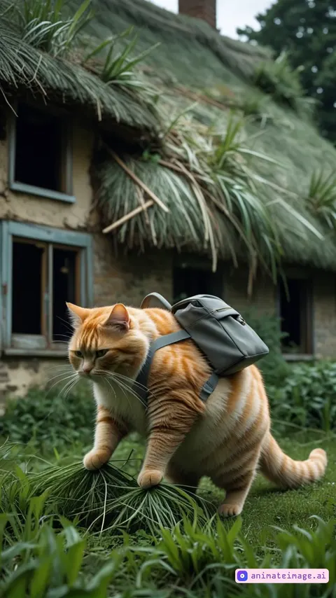 Cat pulling at grass blades in a short clip