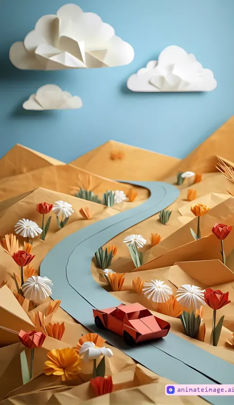A car runs on the road, clouds move in the sky, smoke where the car passed by,