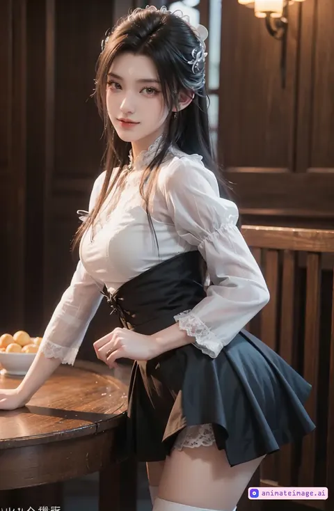 Warm wood-paneled room with soft yellow light and shallow depth of field.A beautiful young woman with long black hair and fair skin, wearing a thin white puff-sleeved blouse,a tight black corset that cinches the waist, a short black flared skirt and knee-high stockings.She gently moves from standing to sitting on the edge of a wooden table,crossing one leg over the other, gently sliding her hand along her thigh,tilting her head in a gentle, seductive way and looking deeply into the camera,then leaning back on her hand, arching her back into a graceful S-curve.Delicate slow movement when crossing her legs and tilting her head; a gentle romantic feel, a gentle bokeh effect.