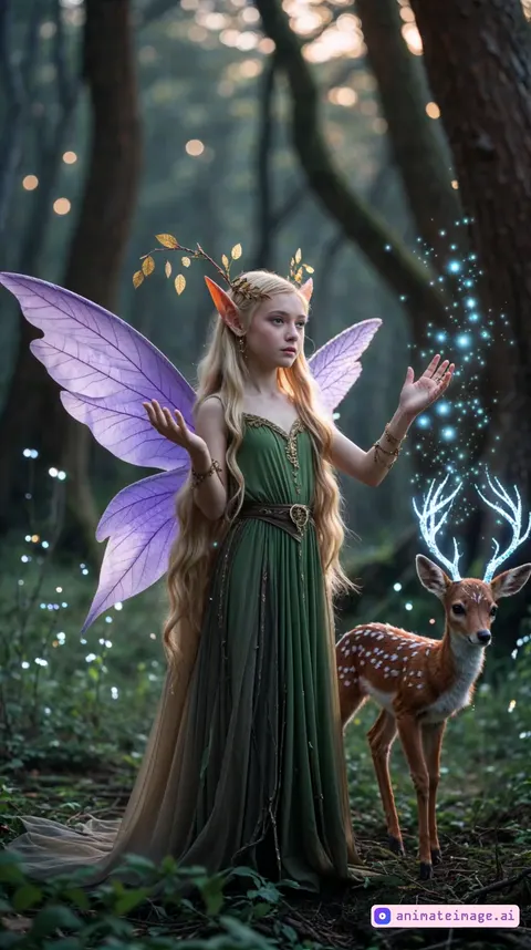 Elf with butterfly wings releases violet light in a forest
