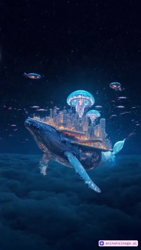 A futuristic city built on top of a whale gliding through a sea of stars. Neon bridges connect floating buildings, and airships hover above like jellyfish. The whale's skin sparkles with bioluminescence, casting a soft glow over the metropolis. The scene combines sci-fi, surrealism, and wonder into a single dreamlike image.