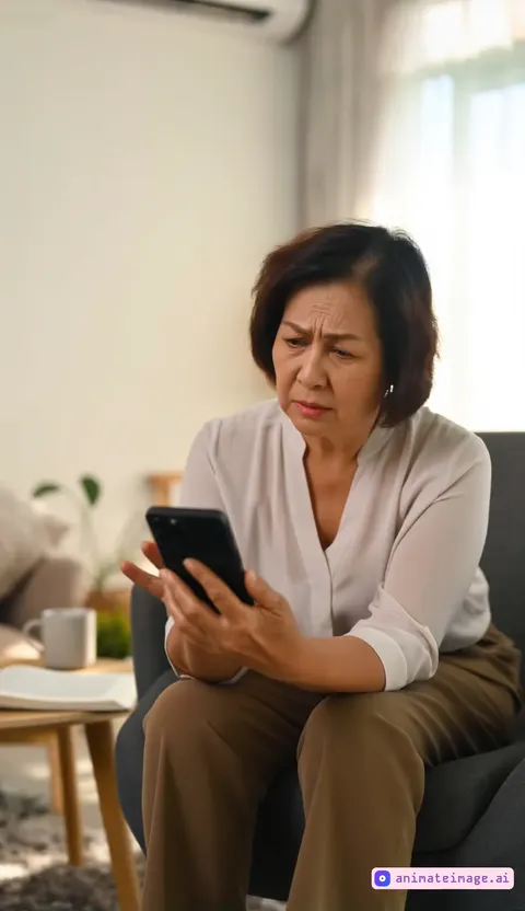 Worried woman scrolling through her phone