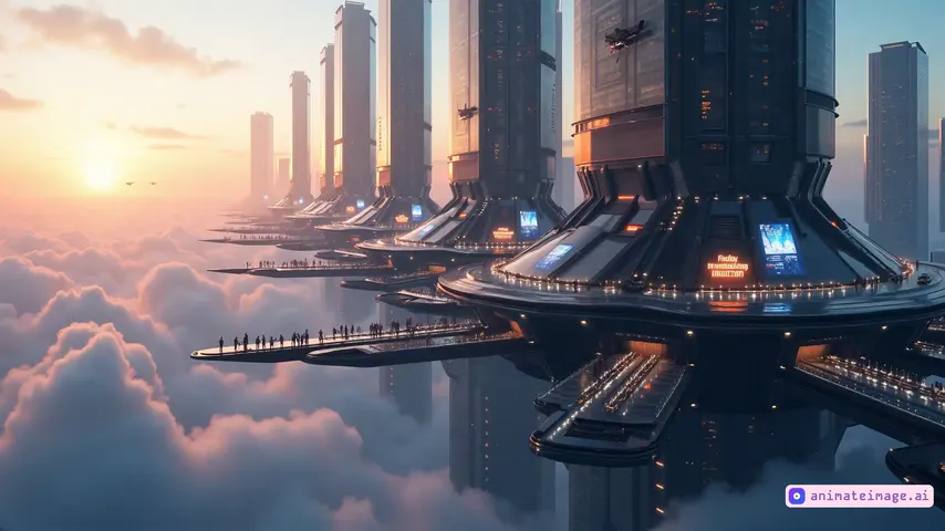 People wait for a starship in a sky city