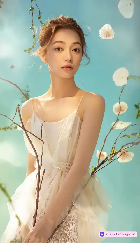 Young woman dancing among blooming flowers