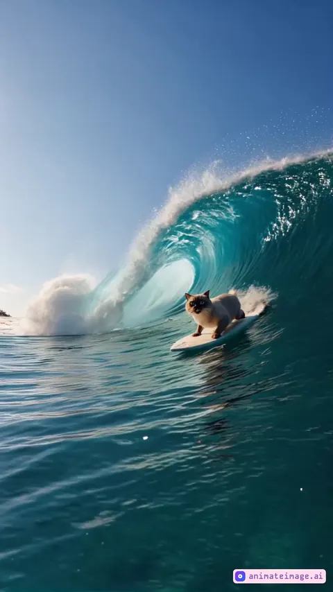 A vibrant and action packed scene of a cat riding a large ocean wave. The cat is positioned on a smooth surfboard, smoothly riding the undulating, towering wave. The cat's fur is fluttering in the wind, his face is happy, looking at the camera. The huge wave is captured mid-fall, with detailed textures of water droplets and sunlight. Cinematic effect.