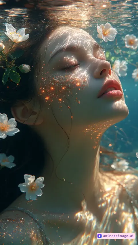 The girl smiles, opens her eyes. the water shimmers from the sun. The crystal particles are shining. The flowers are blooming. The camera moves away