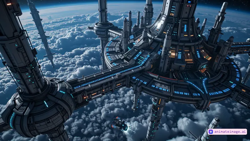 Space city above Earth with ships docking