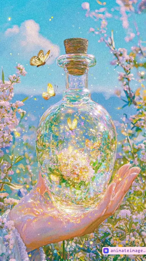 3d view of the bottle in your hand. The camera moves slowly around the bottle. Butterflies are flying. The grass sways in the wind. Glow. Realistic 4k quality