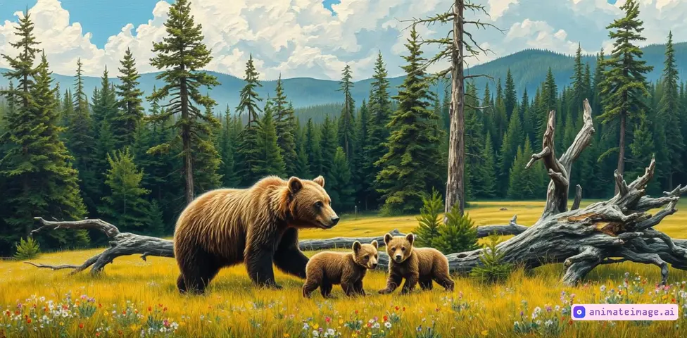 Mother bear walking a forest path with two cubs