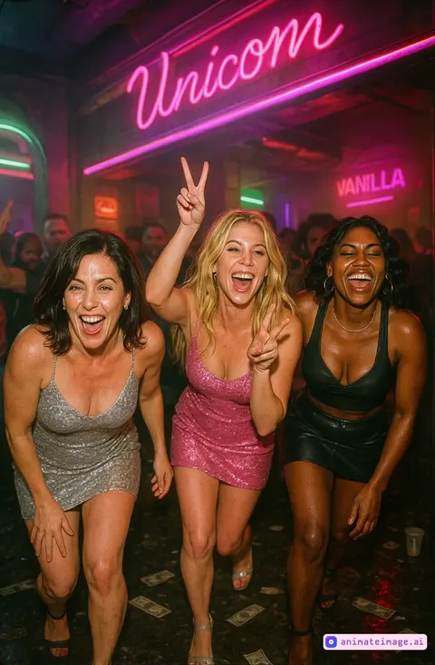 Girls throw peace signs and laugh harder, neon lights flicker.Soft handheld shake + Slow Push-In toward the girls + sudden paparazzi flash flicker.