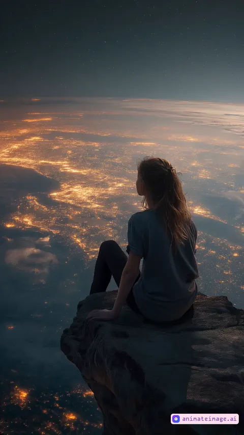 Woman on a rocky cliff at a glowing horizon