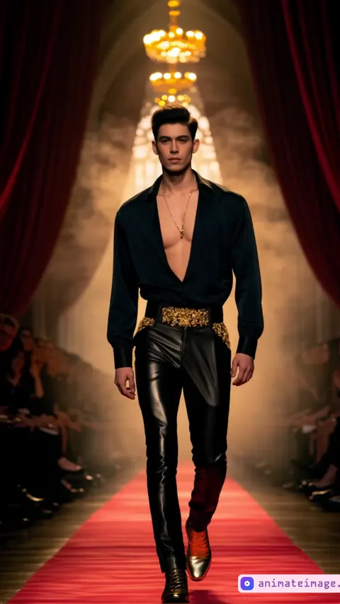 "Cinematic close-up tracking shot: A dangerously handsome male model strides down a golden misty runway inside a grand gothic cathedral. The camera moves smoothly, slightly low angle, capturing his confident steps and the shimmering metallic silver sleeveless jacket with crystal embellishments, revealing his sculpted torso. Sleek high-waisted black leather pants with silver chain details shine under dramatic spotlights. In the background, crimson velvet curtains frame the glowing smoky golden atmosphere, with elegant spectators snapping photos. Deep, moody lighting and dynamic shadows create a luxurious, powerful fashion moment. 8K resolution, highly detailed, ultra realistic."