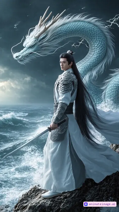 Warrior and dragon in a lightning storm