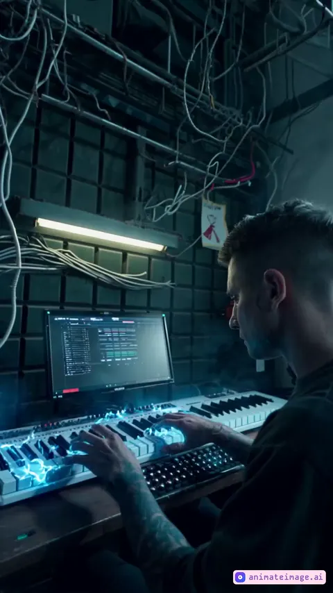 Musician at a MIDI keyboard in a cyberpunk room