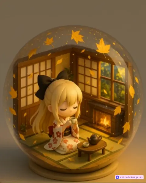 Một quả cầu thủy tinh chứa mô hình chibi dễ thương, cô gái tóc vàng buộc nơ đen, mặc kimono hoa anh đào, đang ngồi trên sàn tatami và nhẹ nhàng cầm ly trà đưa lên uống trong căn phòng Nhật Bản truyền thống ấm cúng. Căn phòng có cửa gỗ kéo, sàn rơm, lò sưởi và ánh sáng tự nhiên ngập tràn từ cửa sổ lớn phía sau . ánh lửa cháy bập bùng trong lò sưởi . Bên trong quả cầu, rất nhiều lá vàng to bị gió cuốn bay xoay tròn tung tóe khắp không gian, chuyển động tự nhiên và lấp lánh trong luồng sáng vàng ấm. Ánh sáng chan hòa chiếu vào phòng, phản chiếu lên mái tóc, kimono và bộ trà đạo. Phong cách video chuyển động chậm, không khí cổ kính, dịu dàng và thư giãn.