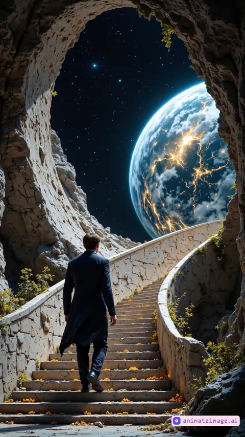Animate a surreal scene where a man in a long, dark coat slowly walks up an ancient stone staircase inside a cave, approaching a massive, arched opening. The staircase is flanked by weathered railings and surrounded by rugged cave walls with patches of moss. As the man ascends each step, his movements are deliberate and steady, his coat gently swaying with each step. Beyond the cave opening, a giant, photorealistic Earth looms in the starry night sky, slowly rotating to reveal its continents, oceans, and swirling clouds, with a soft glow illuminating its edge. The clouds on the Earth’s surface should drift subtly, reflecting the light of an unseen sun. The camera follows the man from behind, capturing his slow ascent while keeping the rotating Earth in view, creating a sense of wonder and anticipation. The overall animation should feel ethereal and majestic, emphasizing the contrast between the man’s small figure and the cosmic scale of the Earth