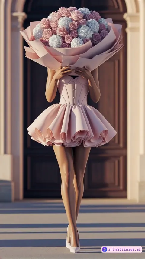 Girl holding bouquet, the flowers fall and morph into a floral dress wrapping around her body, cinematic lighting