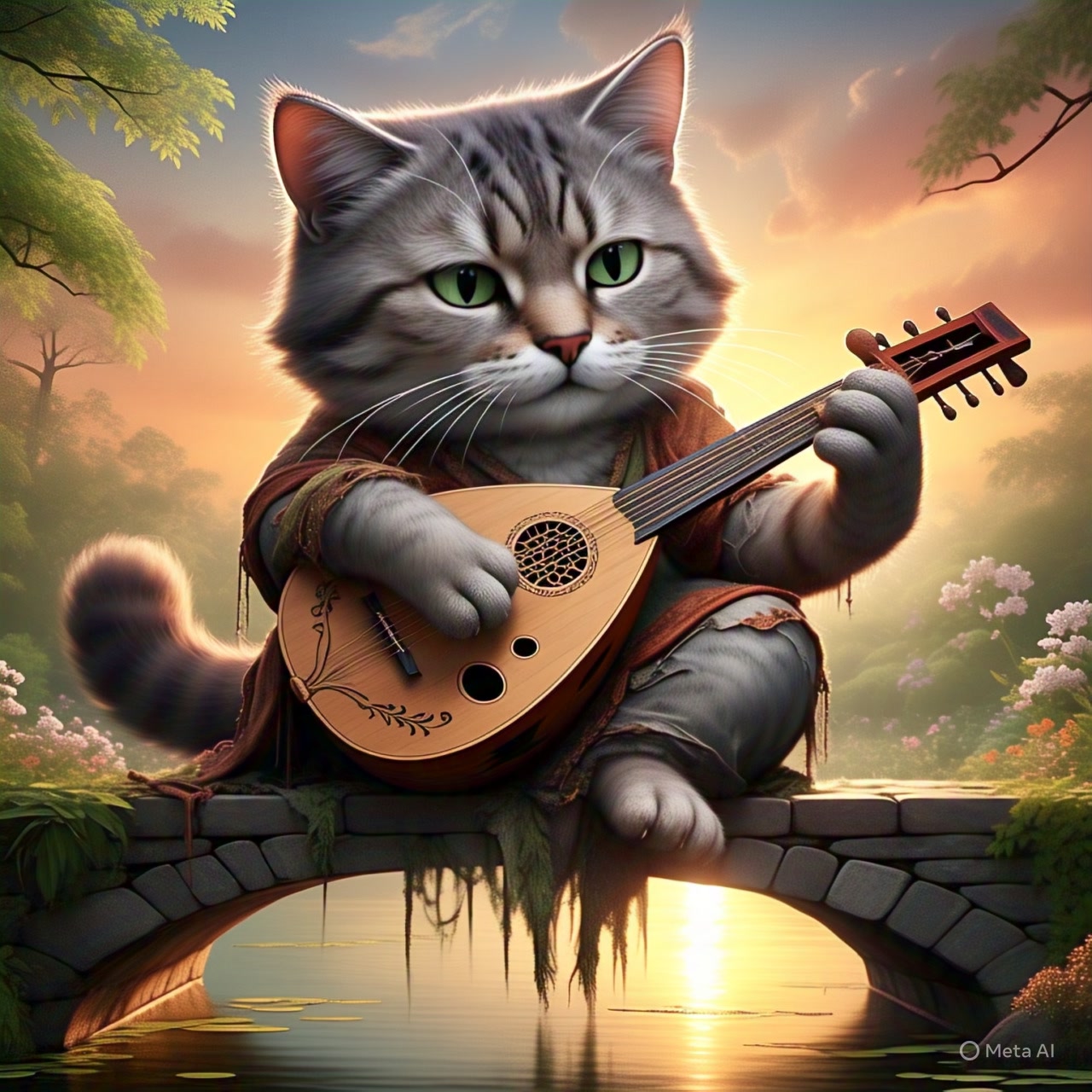 A huge cat in torn clothes, softly playing a lute ... | AnimateImage.AI ...